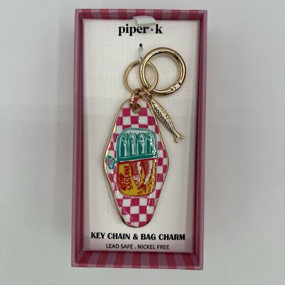 Piper K Keychain Bag Charm Sardine Tin Pink Gold Retro Summer Gift Accessory - Picture 2 of 5